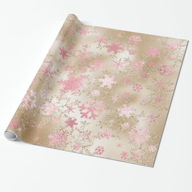 Papel De Presente Padrão Dourado e rosa elegante do floco de neve de (Desenrolado)