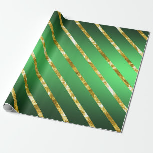 Papel De Presente Padrão Dourado Elegante de faixas diagonais verdes