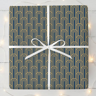 Papel De Presente Padrão Elegante Art Déco Arcos Azul Marinho Dourad