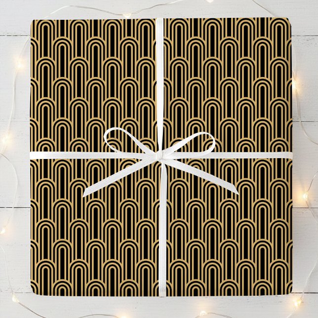 Papel De Presente Padrão Elegante Art Déco Arcos Preto Dourado Chic (Criador carregado)