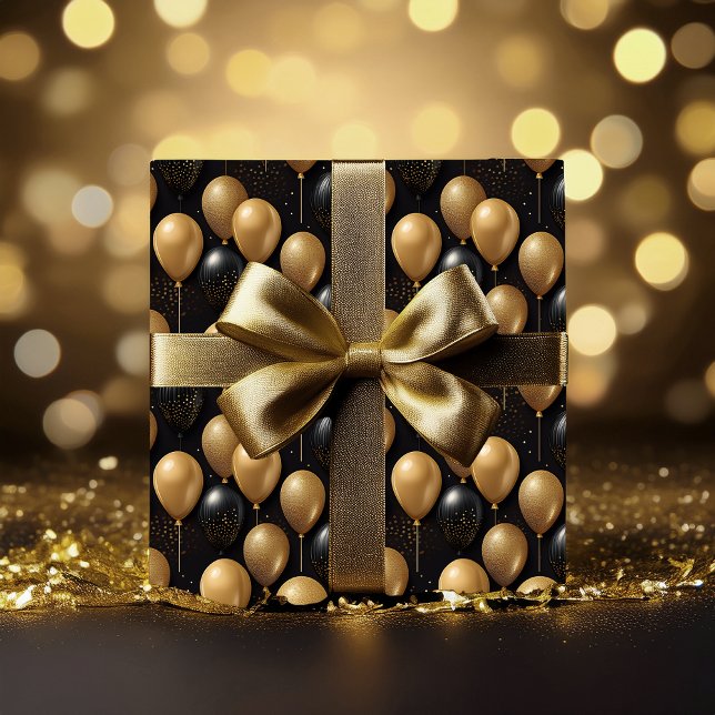 Papel De Presente Padrão Elegante Black Glitter Balloons A024 (Elegant and Festive Black and Faux Gold Glitter Balloons Pattern A024 Wrapping Paper)