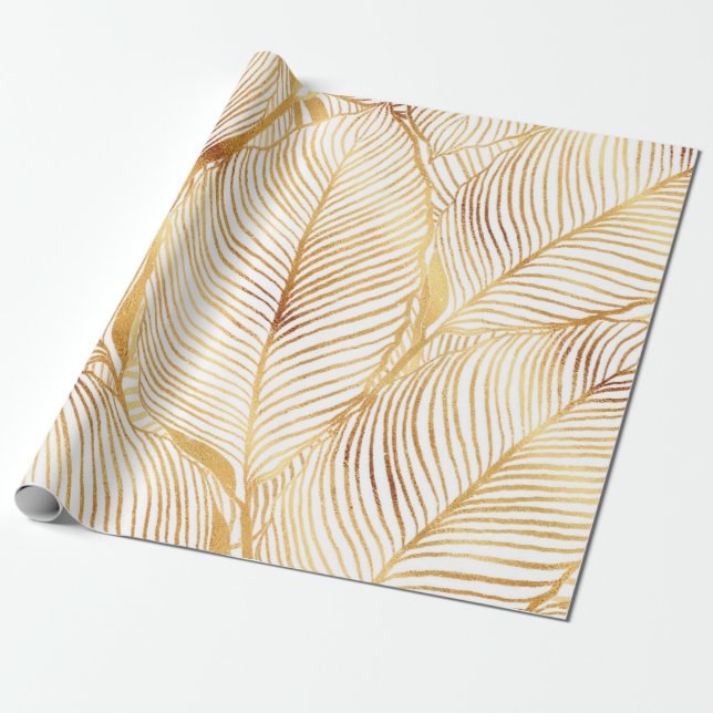 Papel De Presente Padrão Elegante Branco das Folhas Douradas (Desenrolado)