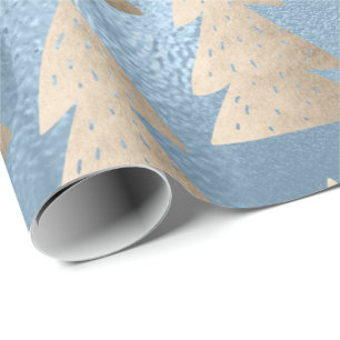 Papel De Presente Padrão elegante de árvore de Natal azul-de-ouro