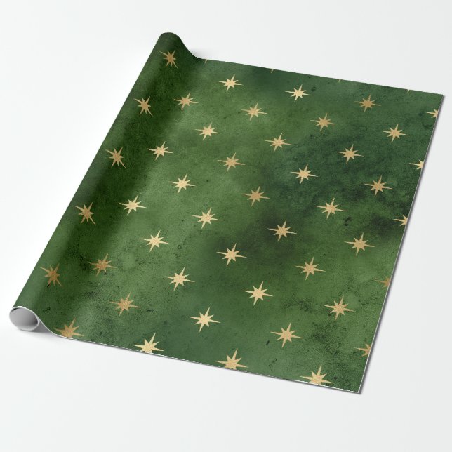 Papel De Presente Padrão elegante de estrelas de Natal verde e doura (Desenrolado)
