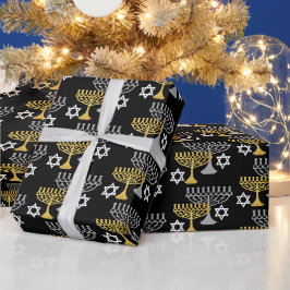 Papel De Presente Padrão Elegante de Férias de Hanukkah Dourado