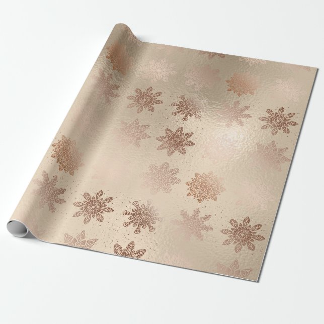 Papel De Presente Padrão elegante de floco de neve rosa de cobre (Desenrolado)