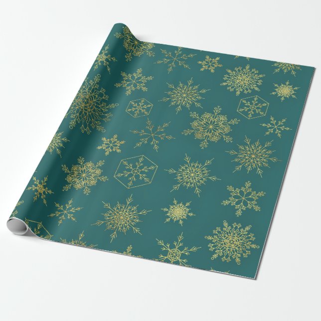 Papel De Presente Padrão Elegante de Flocos de Neve Dourados de Teal (Desenrolado)