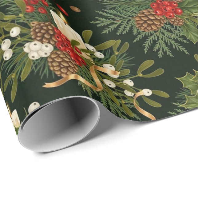 Papel De Presente Padrão Elegante de Floral de Natal com Pinhas (Ponta do rolo)