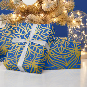 Papel De Presente Padrão Elegante de Mandala Dourada e Azul