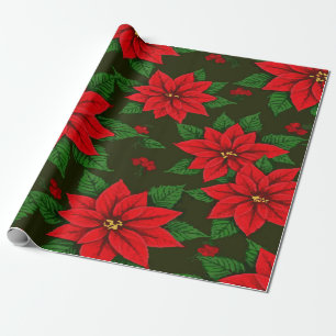 Papel De Presente Padrão Elegante de Poinsettia em Verde Escuro – Cl