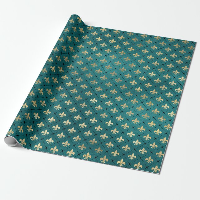 Papel De Presente Padrão Elegante de Teal Armor Dourado Medieval (Desenrolado)