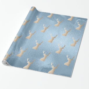 Papel De Presente Padrão elegante de veados de Natal azul-de-ouro
