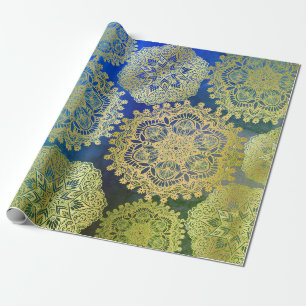 Papel De Presente Padrão Elegante Dourado de Mandala Verde Azul