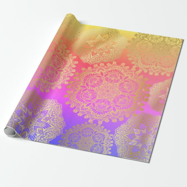 Papel De Presente Padrão Elegante Dourado E Arco-Íris Mandala (Desenrolado)