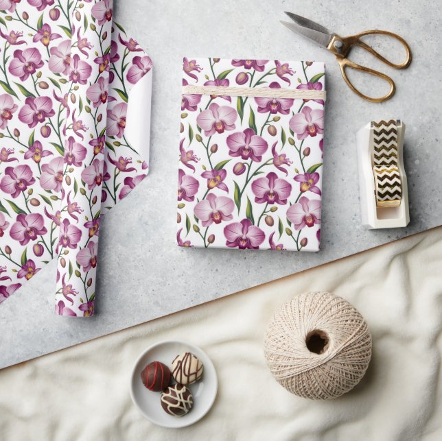 Papel De Presente Padrão Elegante e Contínuo de Orquídea Roxa e Rosa (Artesanato)
