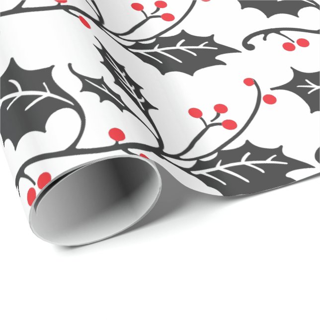 Papel De Presente Padrão Elegante moderno vermelho e preto Holly (Ponta do rolo)