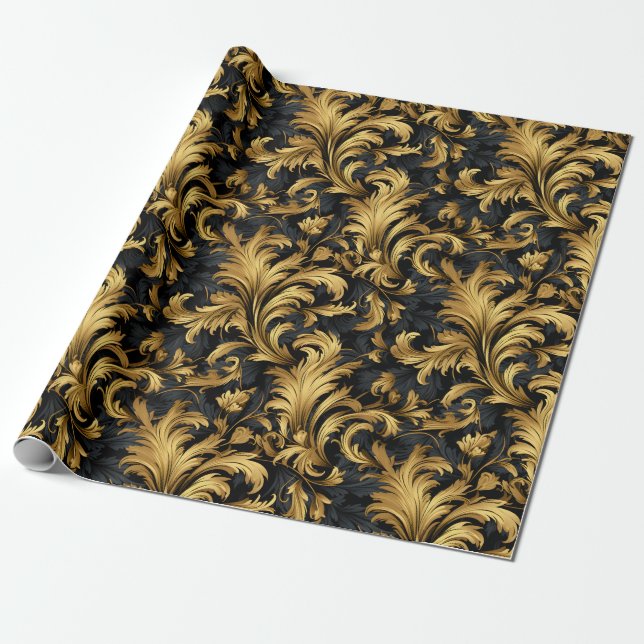Papel De Presente Padrão elegante preto e Dourado (Desenrolado)