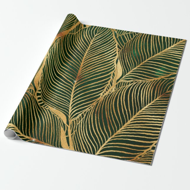 Papel De Presente Padrão Elegante Verde de Folhas Douradas (Desenrolado)