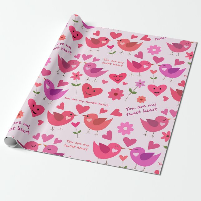 Papel De Presente Padrão engraçado de Dia dos Namorados com pássaros (Desenrolado)