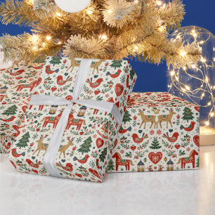 Papel De Presente Padrão Escandinavo Vermelho e Verde de Natal Folcl
