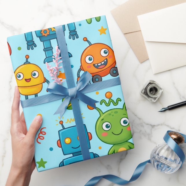 Papel De Presente Padrão Espacial de Alienígenas e Robôs Fofos (Presentear)