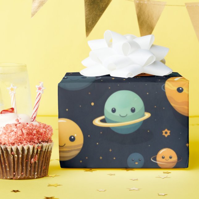 Papel De Presente Padrão Espacial dos Planetas Engraçados (Festa de aniversário)