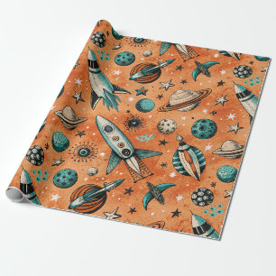Papel De Presente Padrão Espacial Foguete Retro Terracota Azul Turqu