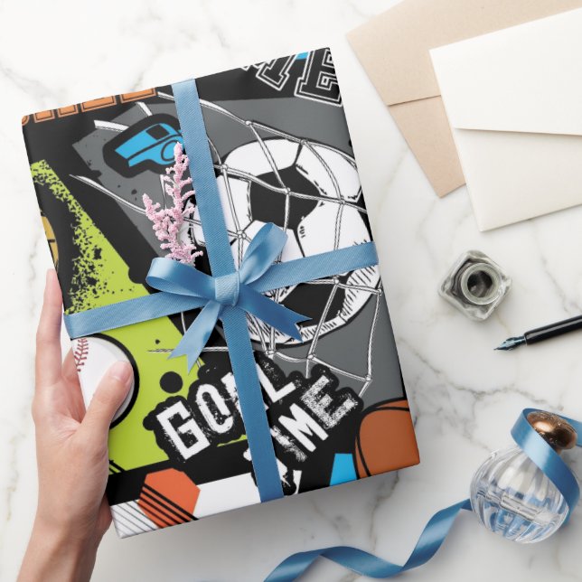 Papel De Presente Padrão Esportivo Com Bolas (Presentear)