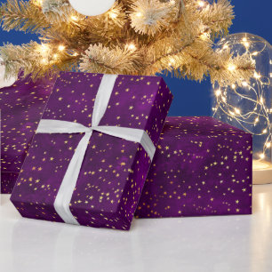 Papel De Presente Padrão Estelar Noturno Roxo e Amarelo Celestial
