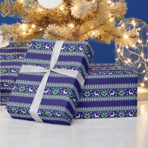 Papel De Presente Padrão Fair Isle de Inverno de Rena em Azul Escuro