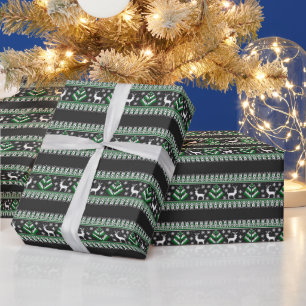 Papel De Presente Padrão Fair Isle de Inverno de Rena em Preto