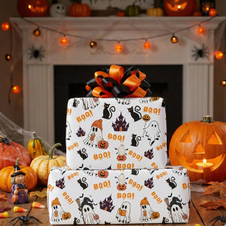 Papel De Presente Padrão Fantasma Bonito do Halloween - Gatos Pretos