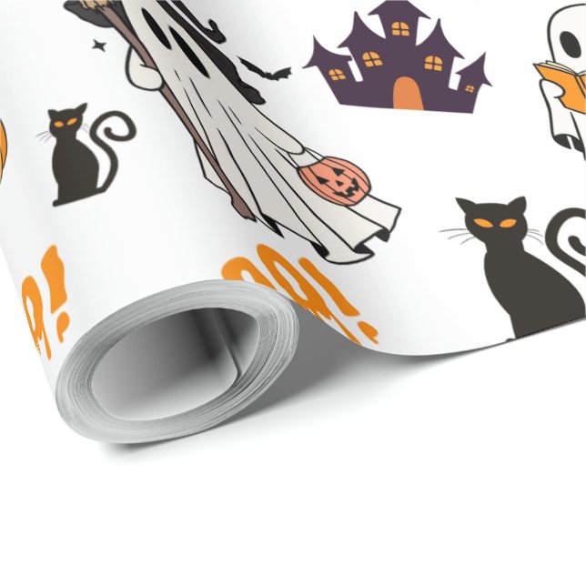 Papel De Presente Padrão Fantasma Bonito do Halloween - Gatos Pretos (Ponta do rolo)