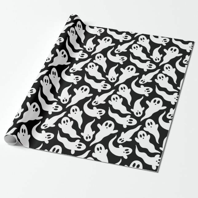 Papel De Presente Padrão Fantástico de Halloween Preto e Branco (Desenrolado)