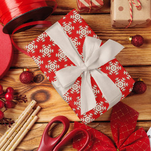 Papel De Presente Padrão Faux Wood Snowflake Em Vermelho Sólido