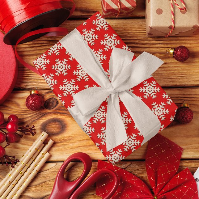 Papel De Presente Padrão Faux Wood Snowflake Em Vermelho Sólido (Criador carregado)