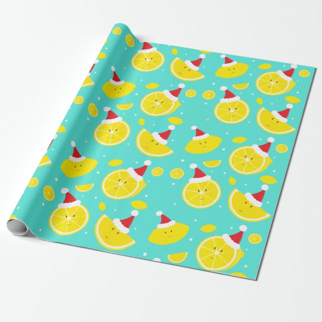 Papel De Presente Padrão Feliz Lemons Santa Hats (Desenrolado)