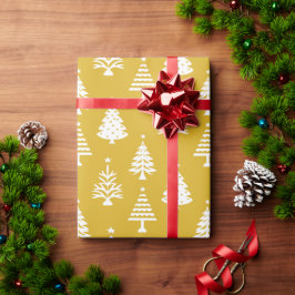 Papel De Presente Padrão Festivo de Árvore de Natal Amarelo e Branco
