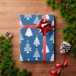 Papel De Presente Padrão Festivo de Árvore de Natal Azul e Branco