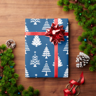 Papel De Presente Padrão Festivo de Árvore de Natal Azul e Branco