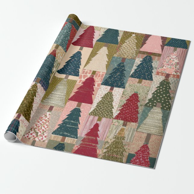 Papel De Presente Padrão Festivo de Árvore de Natal em Patchwork (3) (Desenrolado)