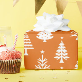 Papel De Presente Padrão Festivo de Árvore de Natal Laranja e Branco