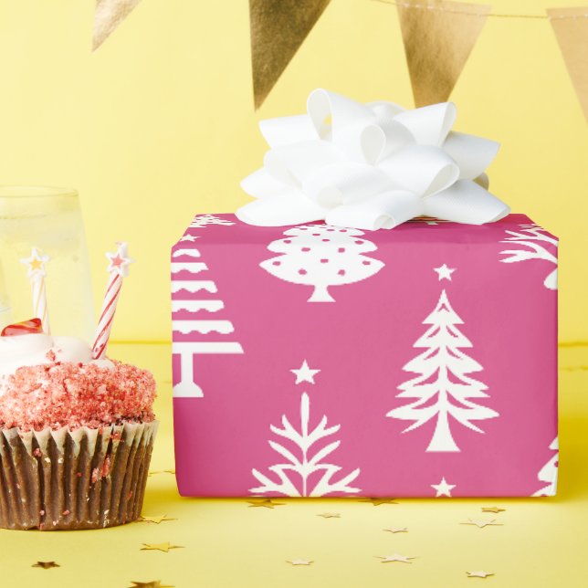 Papel De Presente Padrão Festivo de Árvore de Natal Rosa e Branco (Festa de aniversário)
