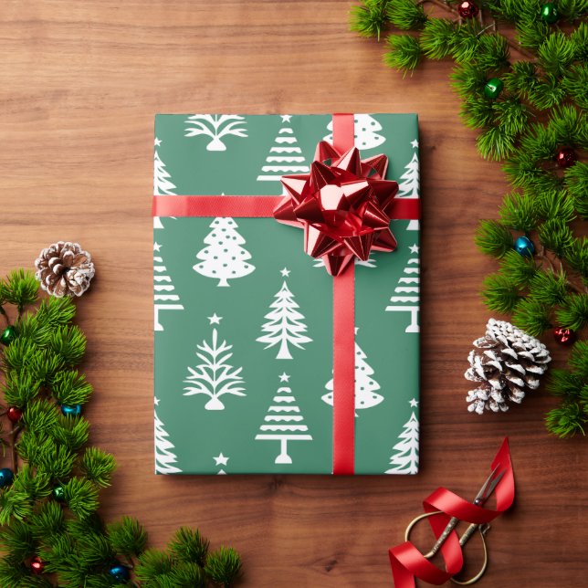 Papel De Presente Padrão Festivo de Árvore de Natal Verde e Branco (Presente de Natal)