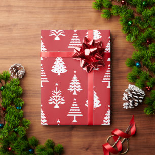 Papel De Presente Padrão Festivo de Árvore de Natal Vermelho e Branc