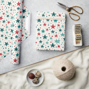 Papel De Presente Padrão Festivo de Feriado Estrelas Vermelhas Azuis