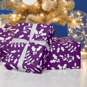 Papel De Presente Padrão Festivo de Natal com Azevinho Roxo e Branco