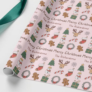 Papel De Presente Padrão Festivo de Natal Cor-de-Rosa Fofinho