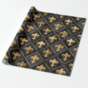 Papel De Presente Padrão Fleur-de-lis Marble Preto e Dourado