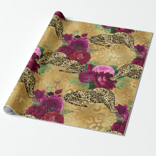 Papel De Presente Padrão Flor Floral de Rosa vermelha Leopardo Chita